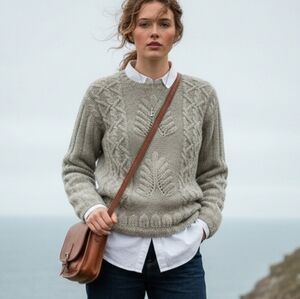 Vtg Woolrich M Green Confetti Cable Knit Sweater Wool Silk Leaf Pattern Fisherma